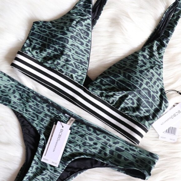 NEW BCBGeneration Green Leopard Print Bikini Bathing Suit Set Size Medium - Picture 2 of 9
